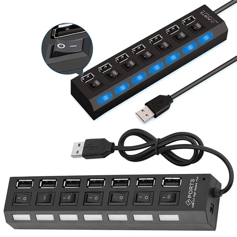 

7 In 1 USB HUB Multiple Expander With ON/OFF LED Switch Multi USB Splitter Hub 7 Port Adapter For Computer PC Laptop Accessories