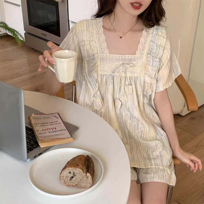 Korean Ins Simple Style Sweet Y2k Women\'s Nightgown Cloud Cotton Square Collar Pajamas with Bra 2024 New Summer Female Sleepwear