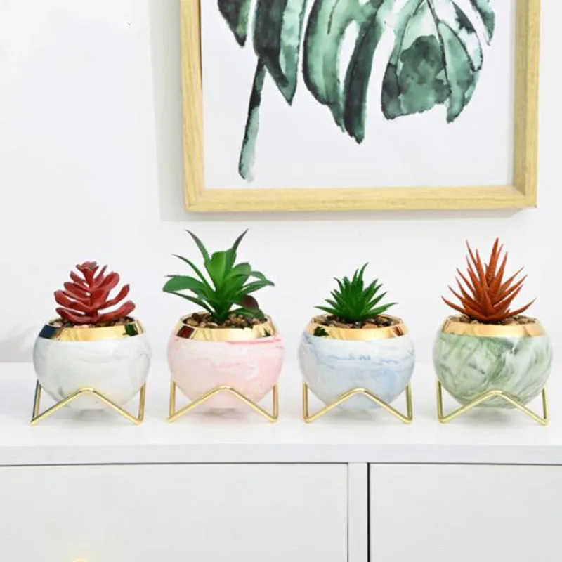 Nordic Style Porcelain Gold Edge Marble Grain Succulent Plant Pot Bonai Vase Round Ball Flowerpot Gold Ice Rack Home Decor