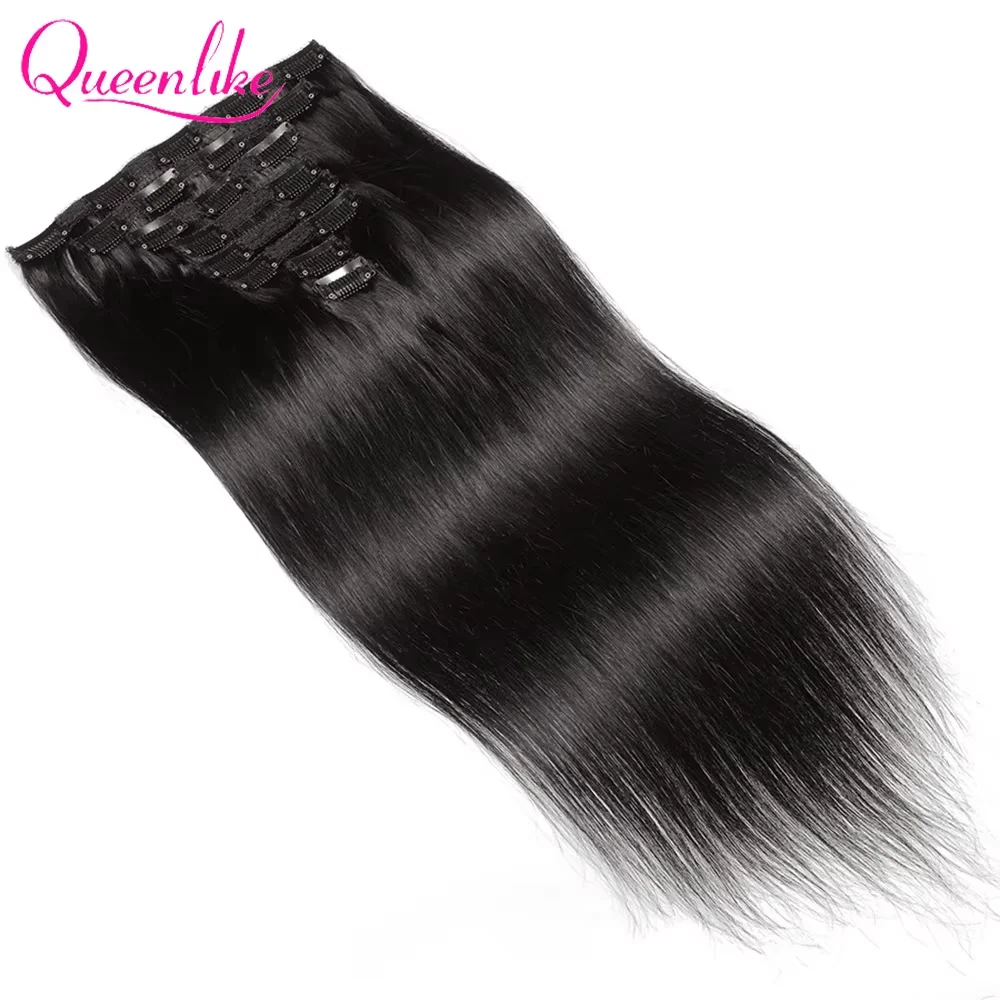 Queenlike Clip-In-Haarverlängerungen aus Echthaar, brasilianisches, glattes Clip-In-Haar in natürlicher schwarzer Farbe, Clip-Ins, Remy-Haarverlängerungen – Detail 4