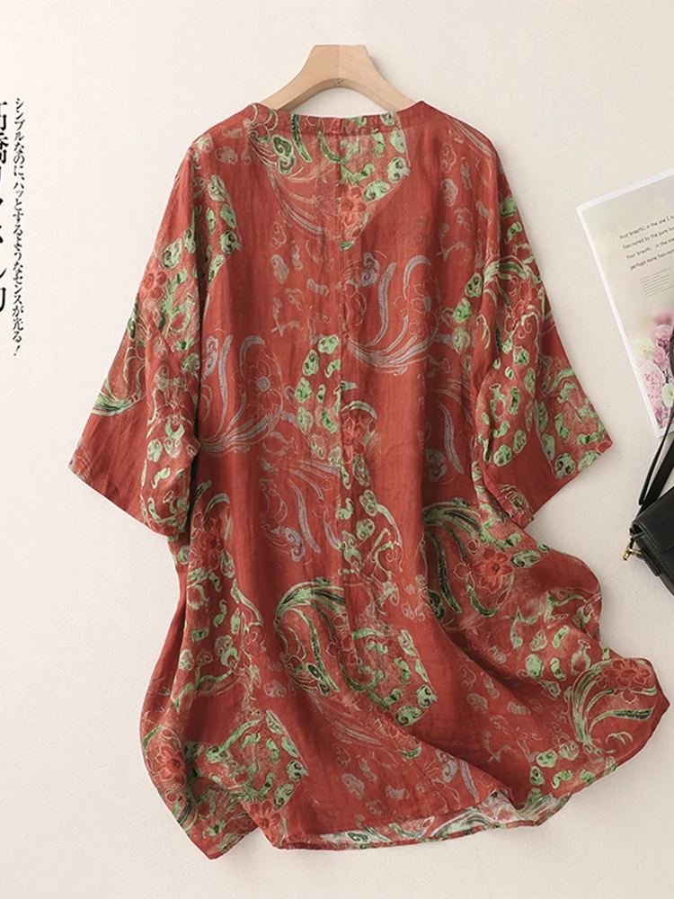 Retro Print Linen T-irt Women's Summer Loose Casual Five-Quarter Sve Thin Cotton Linen irt Top Mid-Length Svel