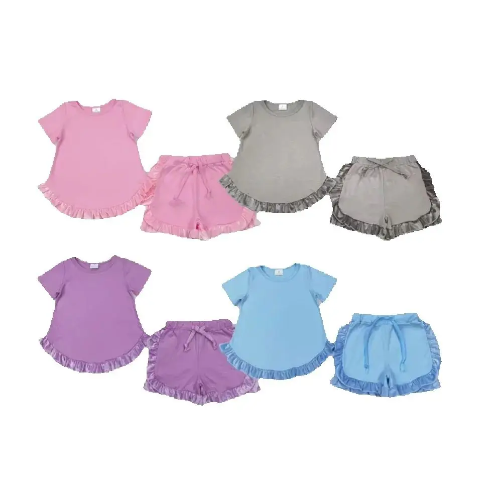 

Solid Colors Cotton Ruffle Shorts Girls Summer Clothes Set Sisters Wear