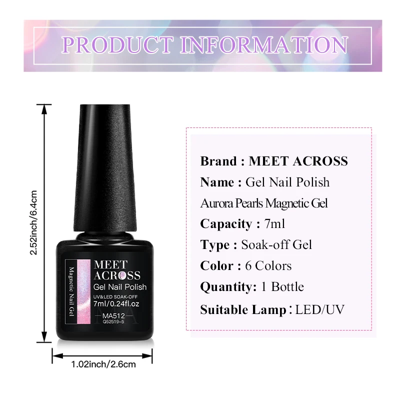 MEET ACROSS 7ml Aurora Pearls Cat Magnetic Nail Gel Polish Purple Pink Glitter Nail Supplies Vernis Gel for Spring Summer Nails
