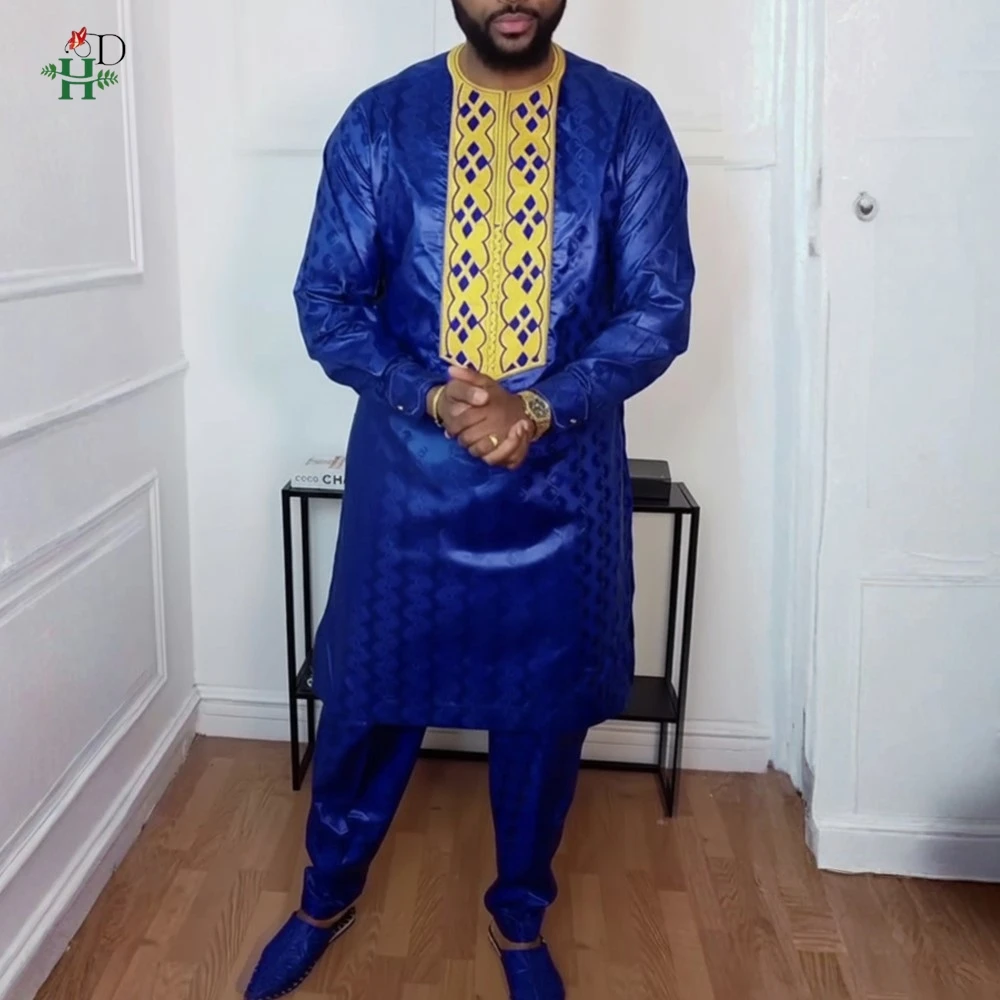 

H&D 2024 африканская одежда для мужчин, традиционная одежда, комплект из 2 предметов с вышивкой, кафтан, рубашка, брюки, костюм для свадебной вечеринки, Рамадан
