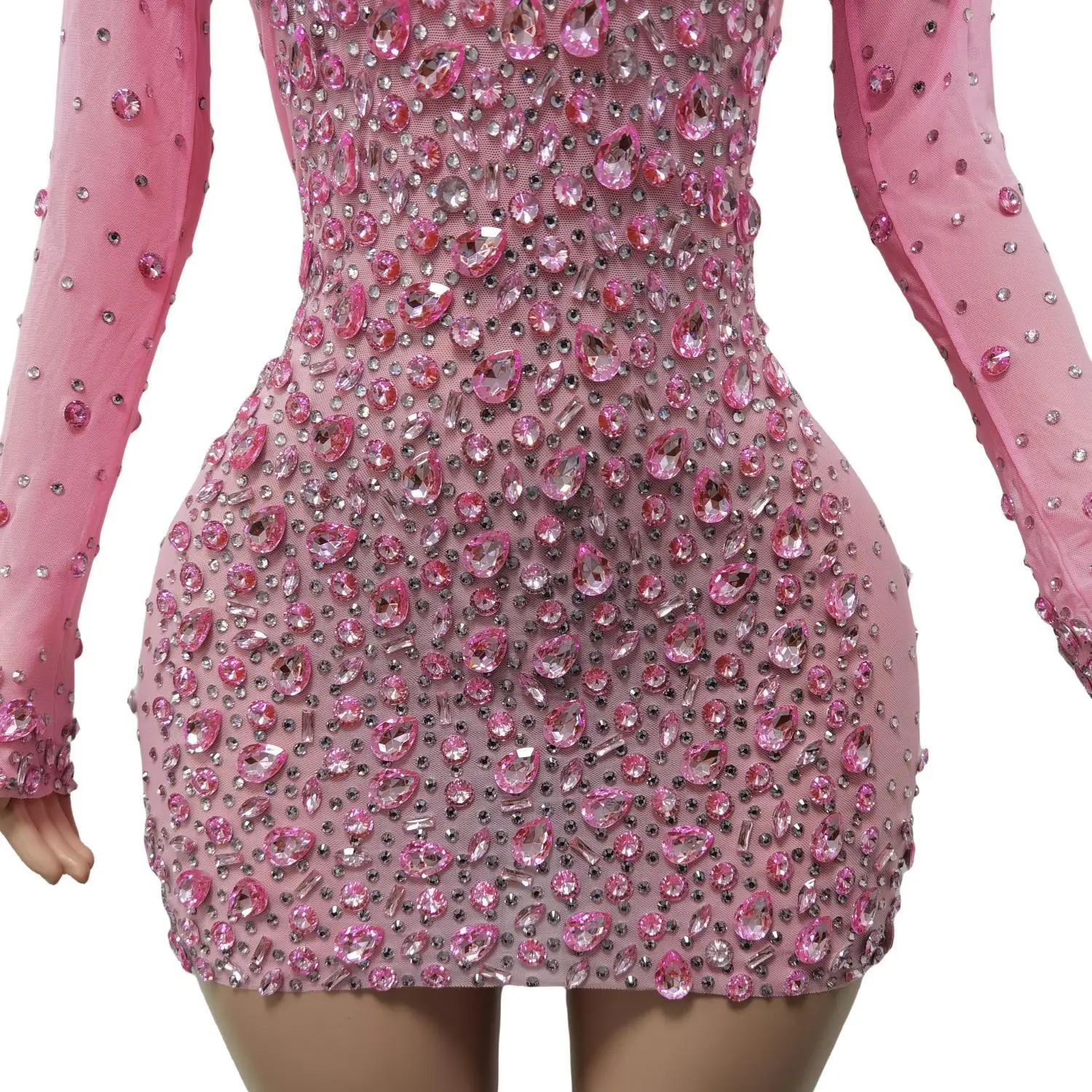 Sexy Tanz Rosa Kleid Leistung Sparkly Rosa Strass Kleid Frauen Abend Geburtstag Feiern Party Outfit 2024 Cuixing