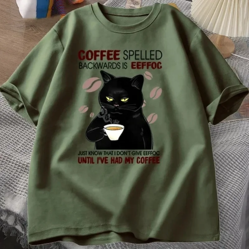 2024Coffee Spelled Backwards Cat T-shirt Funny Cute Graphic Tees Unisex Cotton  T Shirt Mens Clothes oversizedt-shirts