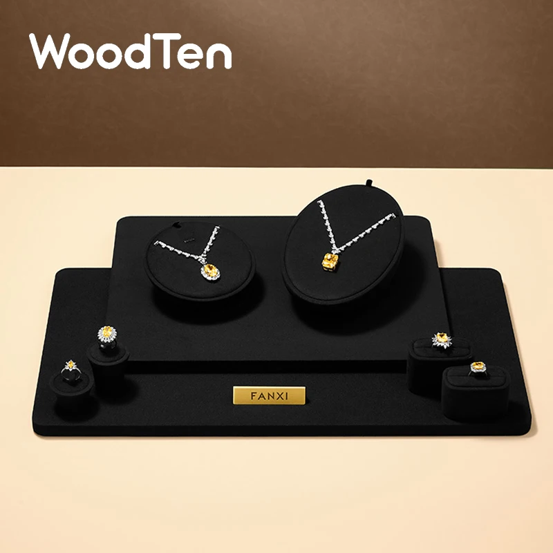 

WoodTen Black Jewelry Display Stand Counter Window Necklace Ring Earrings Organizer Props Set Business Exhibition Showacase Rack