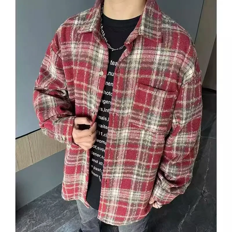 American Style Heavy Duty Black Plaid Shirt Unisex Vintage Long Sleeve Shirt Fashion Casual Versatile Couple Outerwear