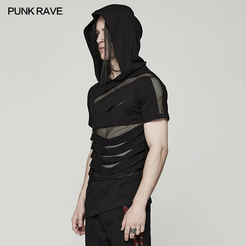 PUNK RAVE Men's Punk Hooded T-shirt, Black Cotton Elastane Mesh Cutout Irregular Short Sleeve Top WT774 BLACK