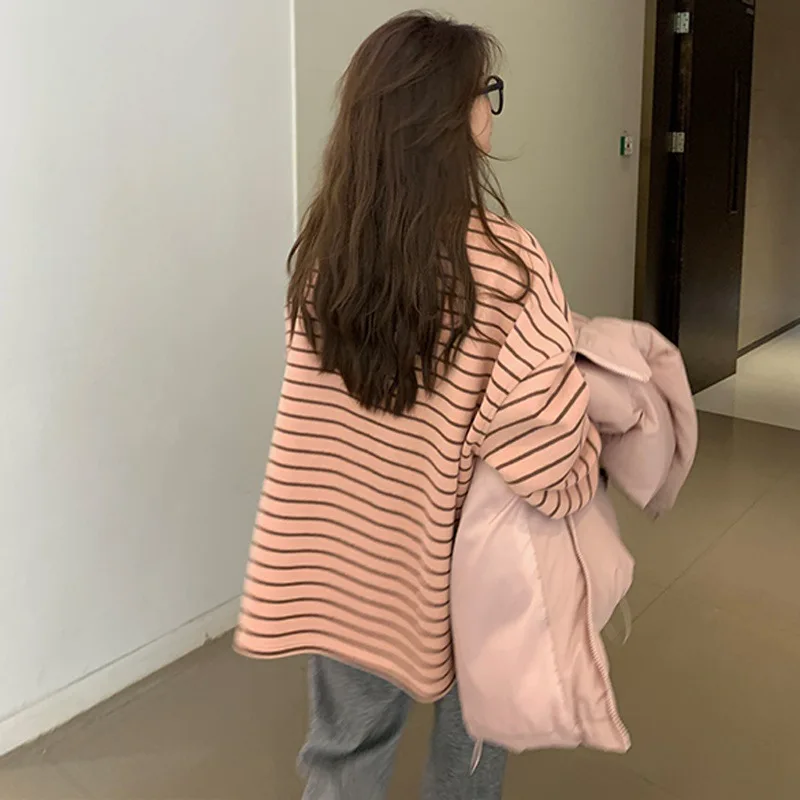 Herbst- und Winter-Damen-Sweatshirt im koreanischen Stil, lässig, Rundhalsausschnitt, lange Ärmel, Farbblock-Streifenmuster, Oversize, locker geschnitten, Damenoberteile. – Detail 4