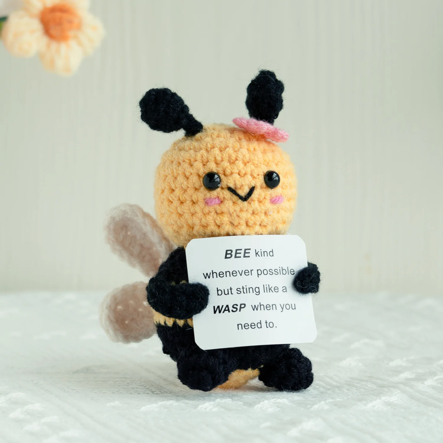 Funny Positive Bee Crochet Knitting Doll Positive Affirmation Card Handmade Woven Bee Doll Ornaments Motivational Decoration