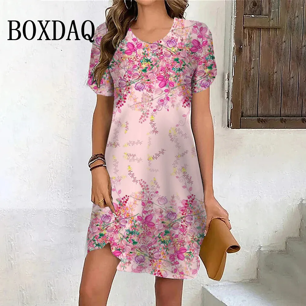 Pink Flower Plant 3D Print Dresses Summer Women Short Sleeve Loose Dress Casual Sweet Fashion O-Neck Ladies New Dress 2024 Retro