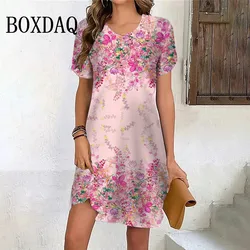 Pink Flower Plant 3D Print Dresses Summer Women Short Sleeve Loose Dress Casual Sweet Fashion O-Neck Ladies New Dress 2024 Retro