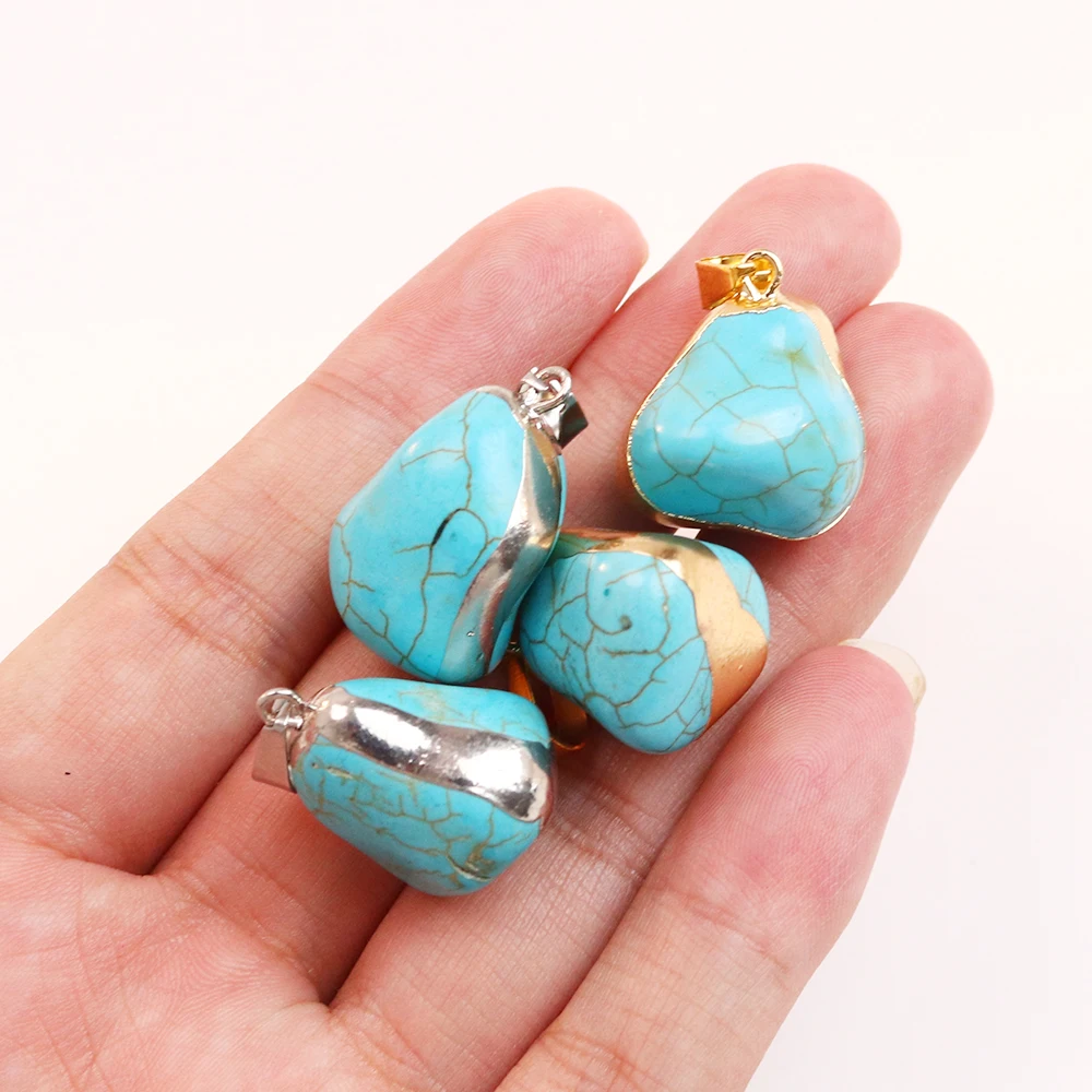 17*26mm Irregular Blue Turquoise Natural Stone Rope Chain Pendants Golden Silvery Edge Two Colors Available 2 Pcs Wholesales
