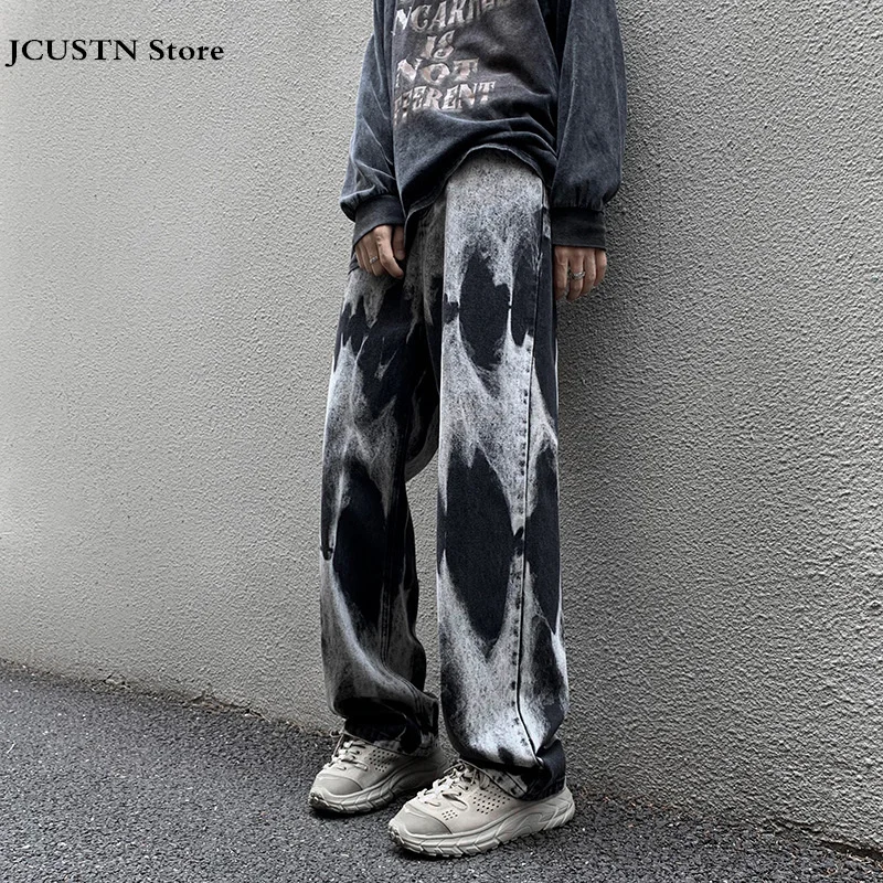 Men Tie Dye Jeans Baggy Elastic Waist Trousers Straight High Street Pants Male Punk Cool Streetwear Diablo Style Denim Pants