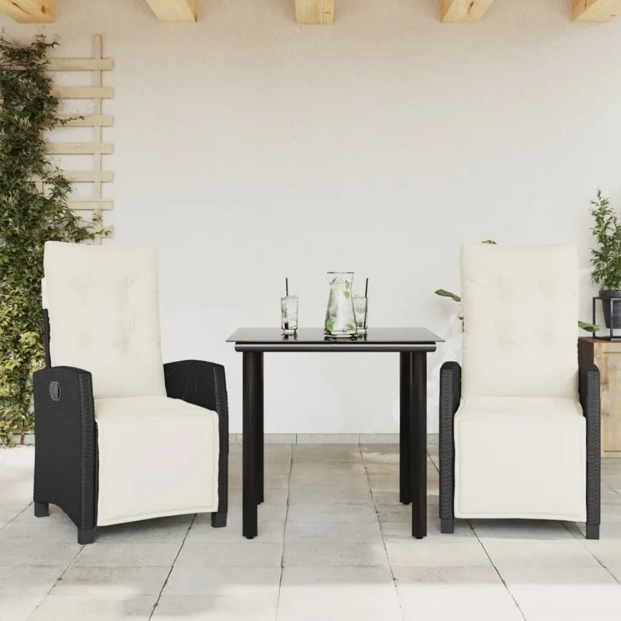 

3 Piece Patio Dining Set with Cushions Black Poly Rattan