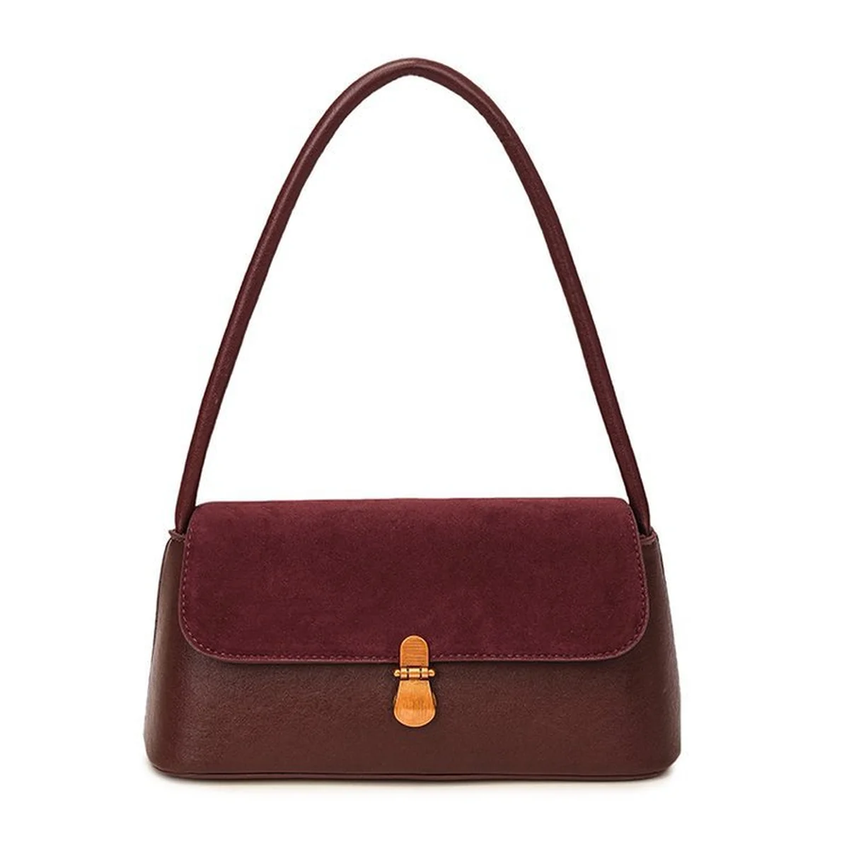 Vintage Underarm Shoulder Bag for Women, Suede Faux Leather Baguette Purse with Gold Toggle Lock, Retro Handbag for Daily Commute Party,