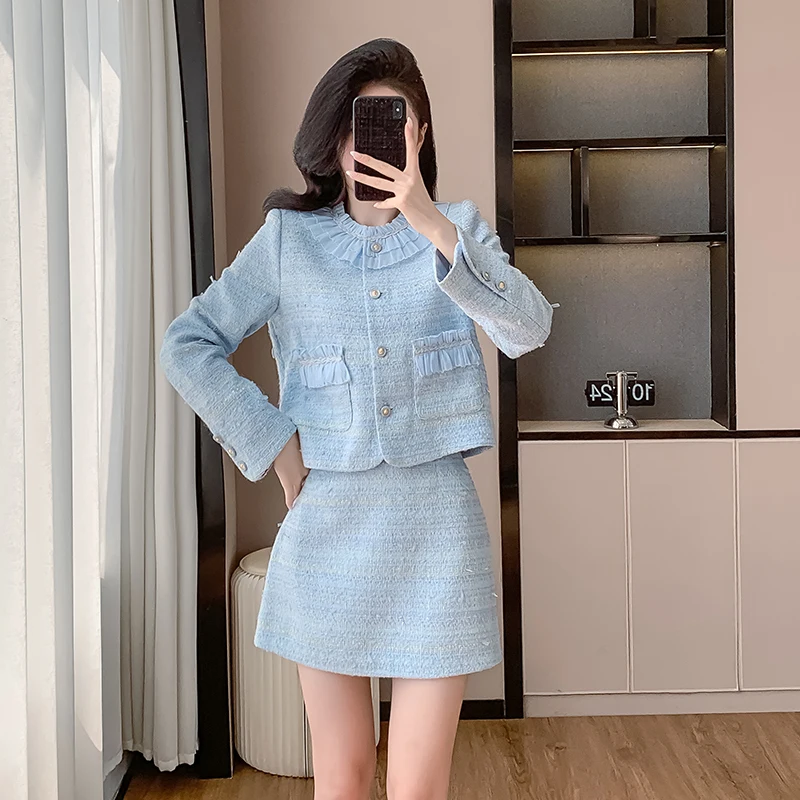 2024 Autumn and Winter Elegant Slimming Women's Suit Jacket Pleated Lace Collar French Gentle Style Coat Top Skirt Two-piece Set