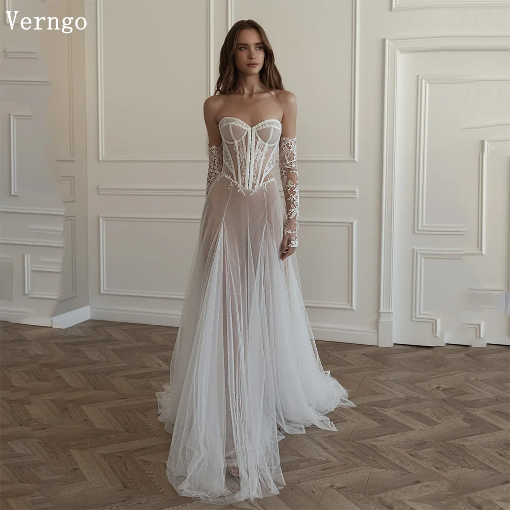 

Verngo Lace Tulle Wedding Dress Spaghetti Straps A Line Sweap Train Bridal Gowns Sexy Beach Bride Dresses Customized