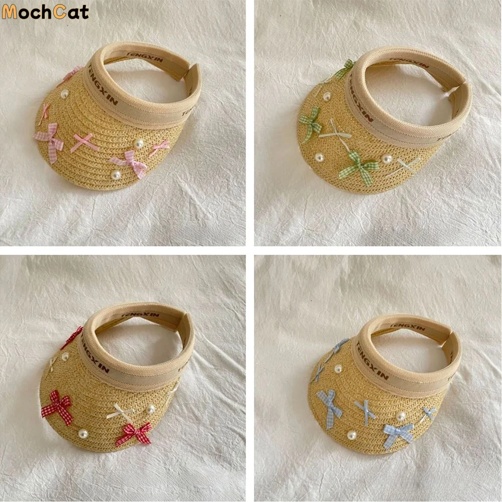 

Bowknot Kids Summer Straw Hat Empty Top UV Protection Large Brim Sun Visor Cap Comfortable Wide Brim Empty Top Baseball Cap