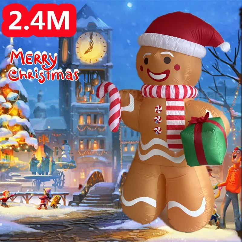 2.4M/8FT Christmas Inflatable Gingerbread Man With Candy Model  Built-In LED Lights Outdoor Courtyard Ornament Holiday Prop