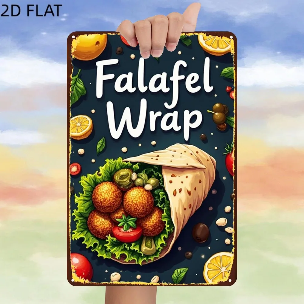 2D Flat Aluminum Multi‑purpose Decor Plaque, Vintage Fresh Aromatic Mediterranean Falafel Wrap Metal Sign for Home Wall Art Deco