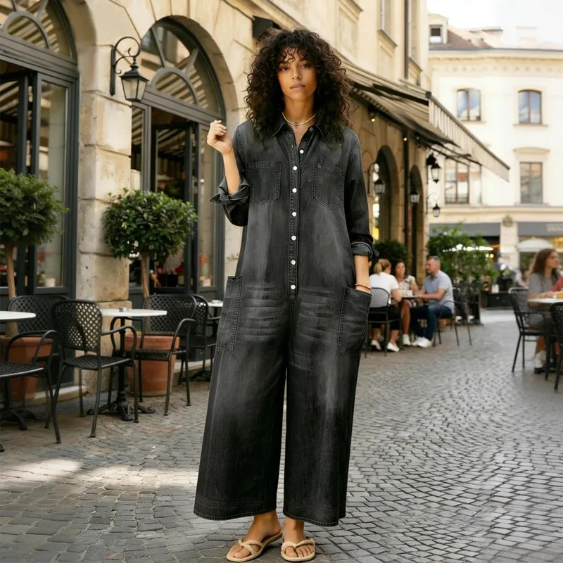 

Uoozee Female Stylish Seletion Denim Jumpsuits 2026 Women Long Sleeves Buttoned Pockets Wide Leg Loose Office Work Romper