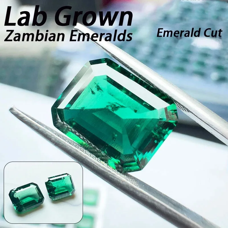 Lab Grown Zambian Emeralds Emerald Cut Hydrothermal Hand Cutting with Cracks Inclusions Inside Charms Jewelry Making Certificate