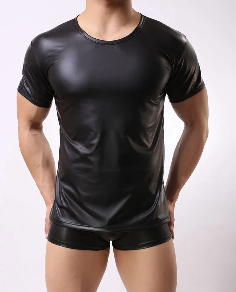 

Men Patent Leather Short Sleeve T Shirts PU Leather Sexy Fitness Tops Gay Latex T-shirt Gay Stage Tops Tee Sexy Party Clubwear