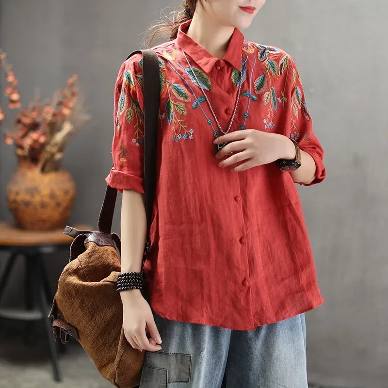 Improved blouse 2024 spring long sleeve top vintage embroidery cotton Chinese style women clothing 11622 B12