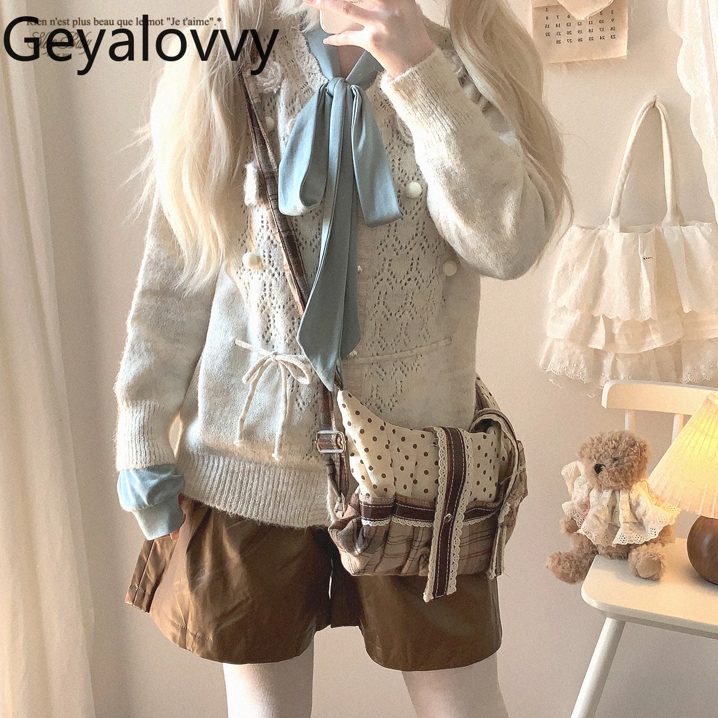 Sweet Cute Retro Style Loose Sweaters Tops for Women Autumn Winter Lace-Up Knitted Cardigan  Casual Crew Neck Knit Sweater