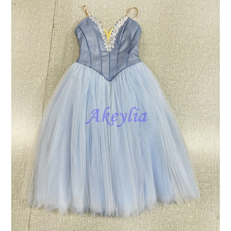 

Akeylia Grayish blue Romantic Ballet Dress Women Fairy Professional soft tulle Long Serrated shape competition Old Blue JNBL230