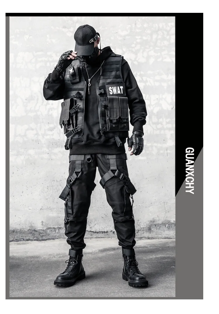 Hip Hop Punk Cargo Pants Man Multi Ribbons Decorative Techwear Pants High Street Tactical Casual Trousers