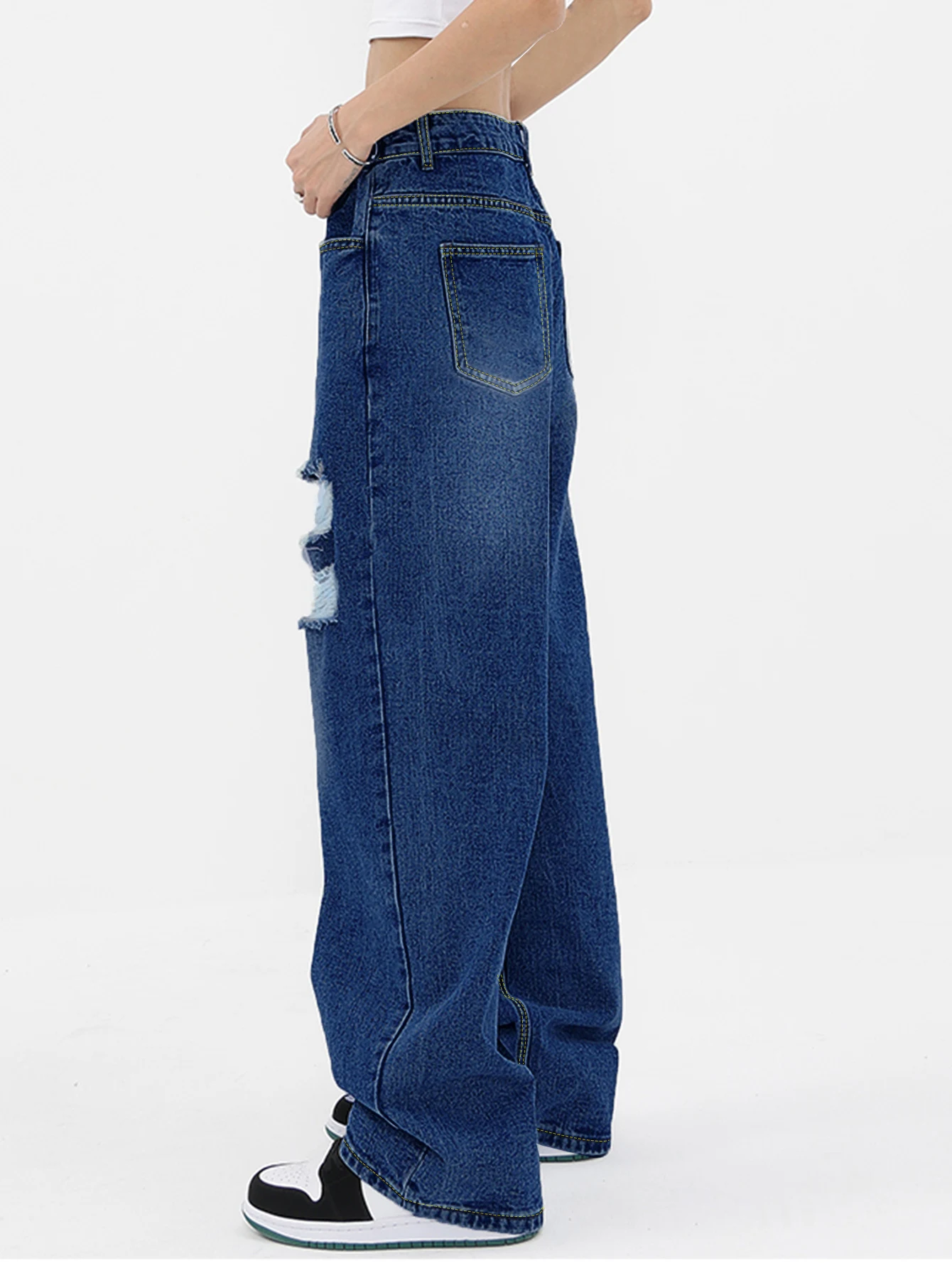 Damskie dżinsy z szeroką nogawką Y2k Ripped Baggy Jeans Streetwear Straight Leg Denim Pants Casual New Fashion Loose Washed Destroyed Jean