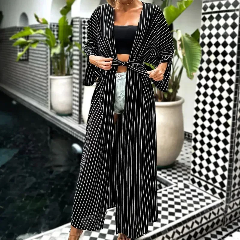 2024 Fashion Vestido V Neck Waist Stripe Drawstring Party Long Dress Women Summer Short Sleeve Loose Beach Women Dresses Smock