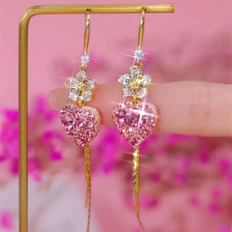 New Flower Pink Zircon Love Tassel Earrings for Women Personalized Fashionable Daily Accessories Party Jewelry Birthday Gifts