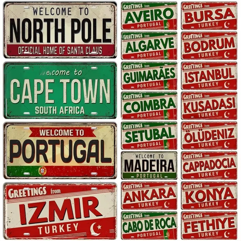 Vintage Metal License Plate Welcome To [City / Country] Retro Aluminum Tin Sign Wall Decor 2D
