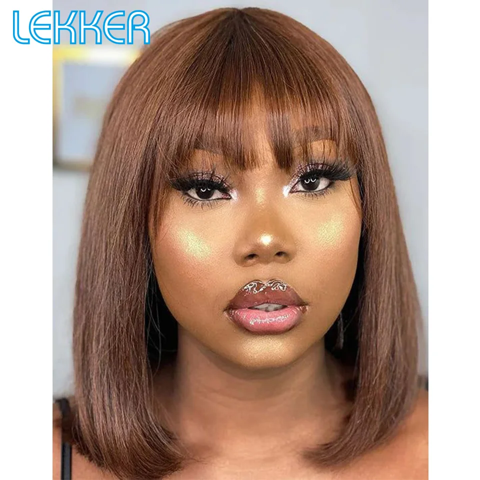 

Lekker Ready to Wear Short Brown Straight Bob Scalp Lace Human Hair Wigs With Bangs For Women Brazilian Remy Hair Glueless Wigs