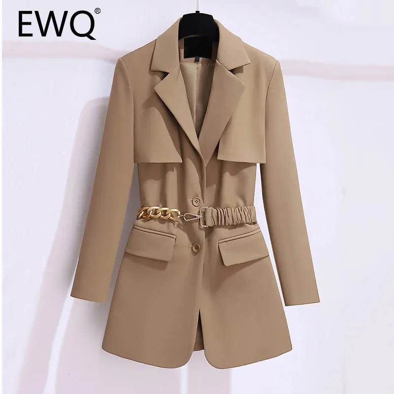 EWQ Fashion Belt Design Blazer Women Gather Waist Long Sleeve Solid Color Office Lady Suit Coat Clothing 2024 Autumn New 27X794