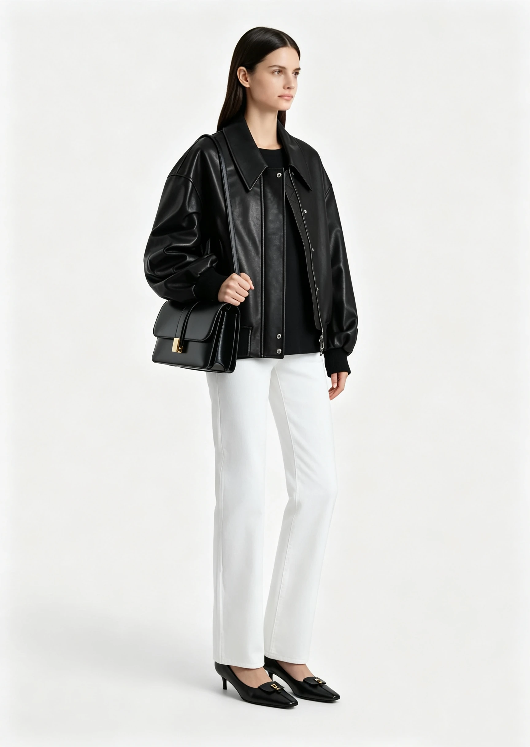 Luxury Black Nappa Leather Bomber Jacket with Oversized Lapel and Ribbed Cuffs