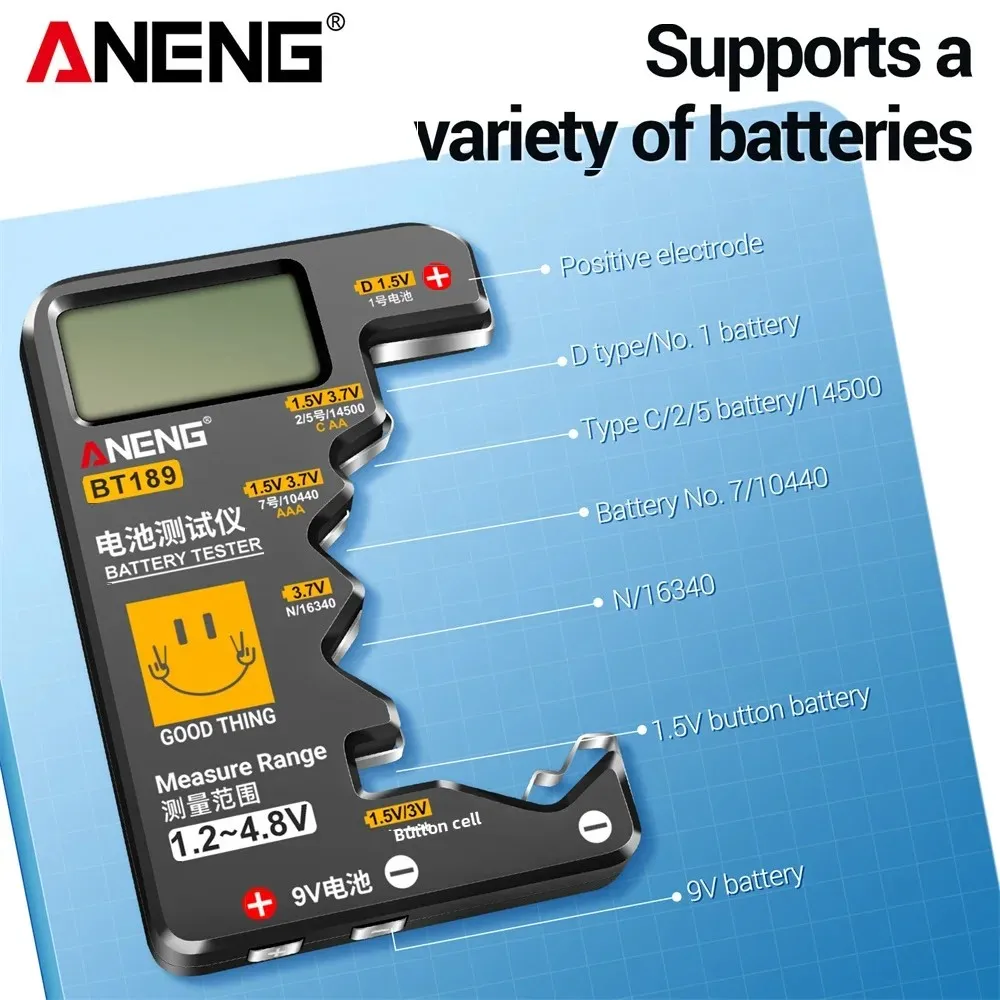 ANENG BT189 Penguji Baterai Sel Detektor Bank Daya 9V N D C AA AAA Alat Penguji Baterai Tombol Tampilan LCD Rumah Tangga Universal