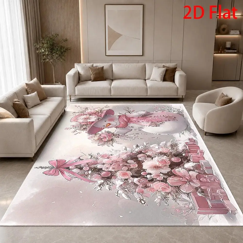 1pc 2D Flat Large Christmas Rug, Pink Snowman Floral Pattern, Soft & Washable, for Living Room, Bedroom, Patio