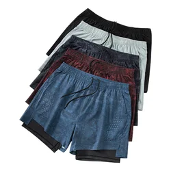 2 in 1 Marathon Running Shorts Quick Dry Long Distance Running Training Sports Print Men Shorts Gym Summer With Waist bag