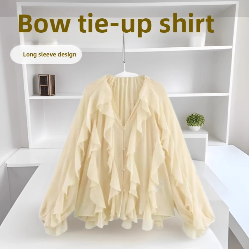 Casual Rüschen Hemd Frauen Lose Spitze Up Aushöhlen V-ausschnitt Tops Frühling Blusen Frauen Kleidung