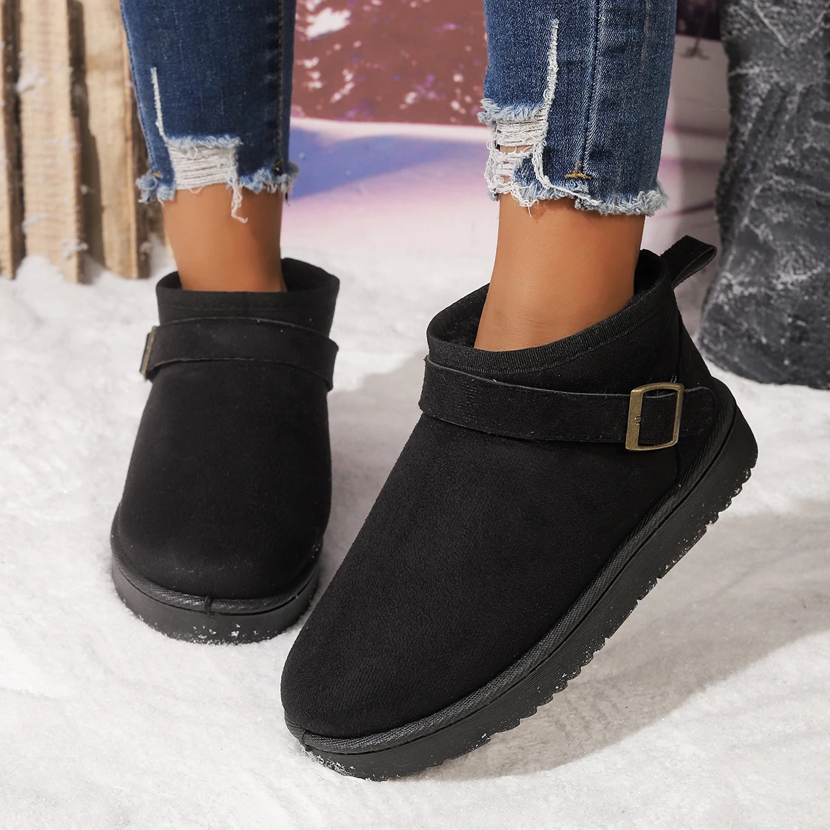 Black Faux Suede Short Plush Snow Boots Women Winter Fashion Buckle Non Slip Thick Sole Warm Booties Mujer Cotton Padded Shoes