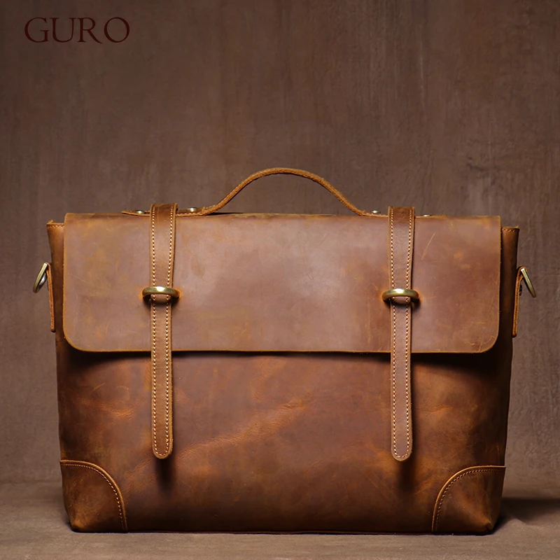 GURO-Bolsa de Couro Genuíno para Homens, Maleta Executiva de Luxo, Bolsa Mensageiro Retro, Sacos de Computador Portátil Viagem Homem