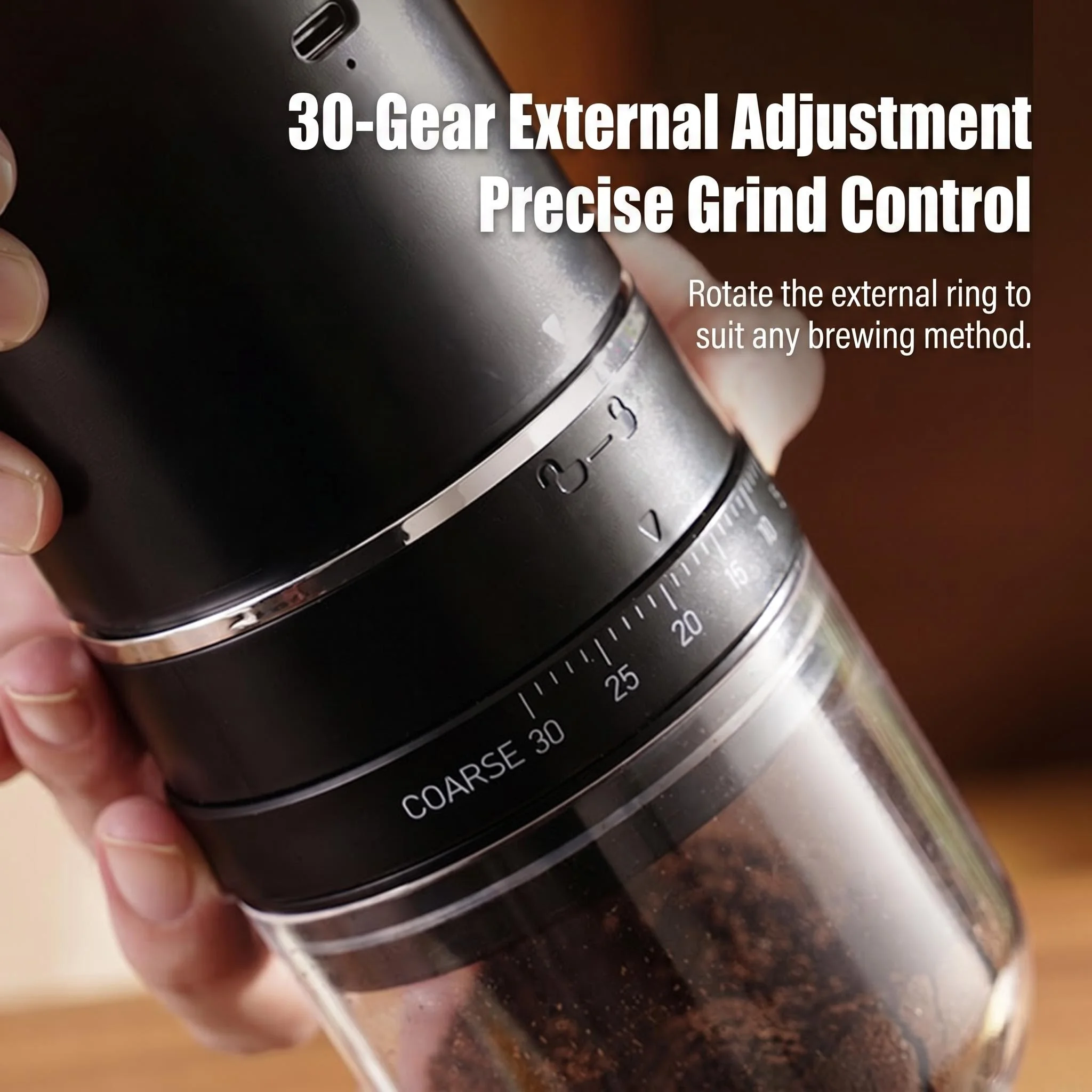 Portable Rechargeable Electric Coffee Grinder, External Adjustable Grind Mill for Espresso & Hand Pour Coffee