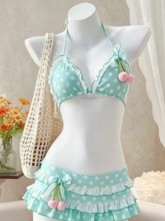 

2026 Trendy Ruffled Sweet High Waist Split Bikini Set Women Print Slim Fit Swimwear Chic Beach Vacation Summer Party Fashion
