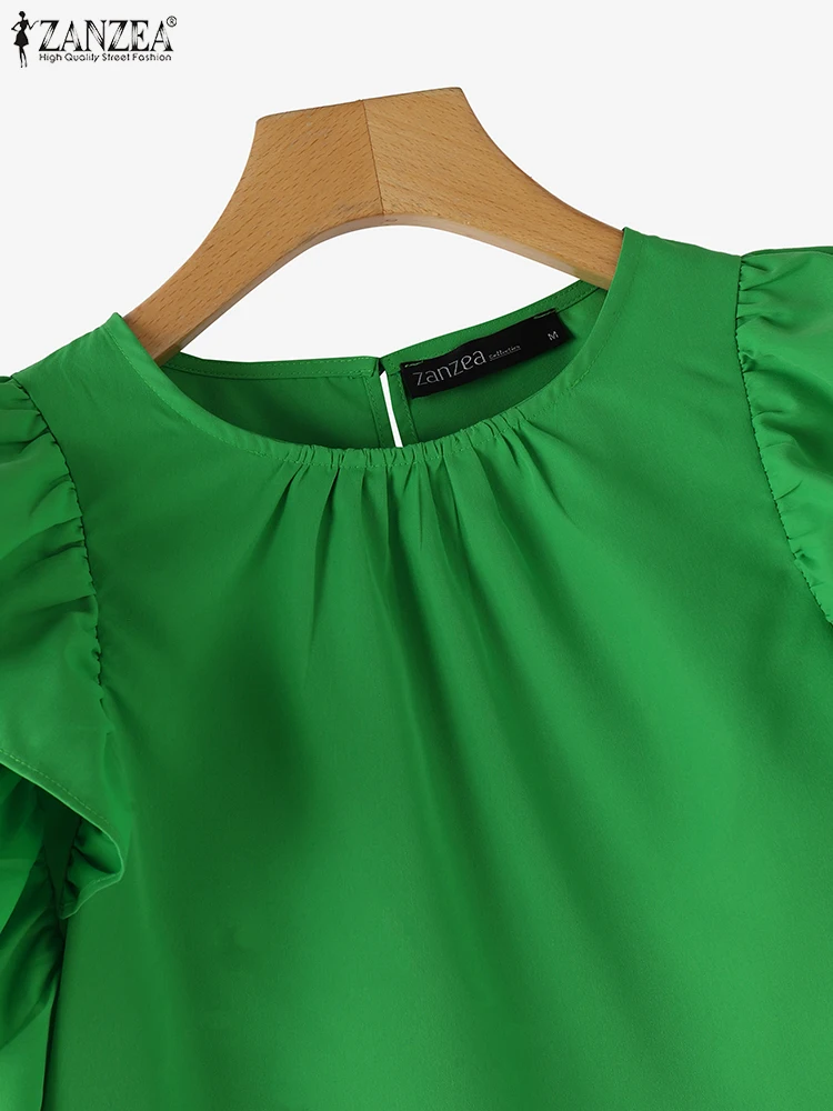 ZANZEA 2025 بلوزة الصيف الكورية موضة المرأة كشكش أكمام تانك القمم عادية مطوي تونك شيك فضفاض تكدرت Blusas فام