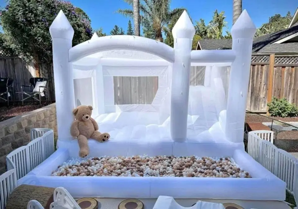 

15FT Inflatable White bounce house with Slide, Large Front Ball Pit and Spacious Central Jumping Area，for Weddings andParties